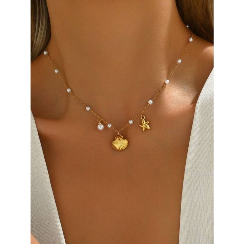 Gold Pearl Shell & Star Charm Necklace - Elegant Women Jewelry R 472 - Picture 2 of 4